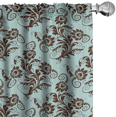 ABAKUHAUS Jugendstil Vorhänge, Gardinen, Vintage Damast, Fensterbehandlungen für Wohnzimmer Schlafzimmer Dekor, 2 Stück 75 cm b x 175 cm h, Seal Brown und Blassblau