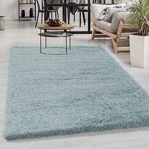 Carpetsale24 Shaggy Hochflor Teppich Blau 80x150 cm Extra Weich & Waschbar - Jute Rückseite für Fußbodenheizung, Einfarbig & Flauschig für Wohnzimmer & Schlafzimmer