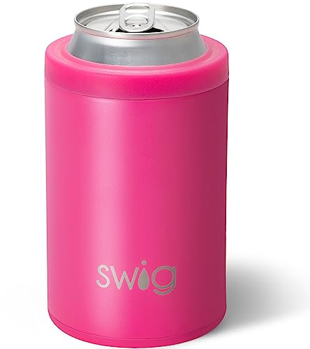 Swig Life Standard Can Cooler, 12oz Insulated Bottle & Can Holder, Stainless Steel Cooler, Covers for Standard 12 oz Beer Bottles, Beach Accessories for Women (Hot Pink)