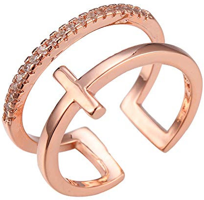 Bague ajustable pour femme en argent sterling 925 Forage Clouté Croix Hypoallergénique Double Bagues Anneau (Or rose)