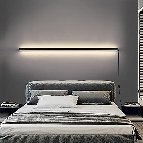 Up Down Wandleuchte Innen LED Dimmbar Wandlampen mit Schalter und Kabel Lange Lichtleiste Schwarz Nachttischlampe, Modern Streifen Leselampe Schlafzimmer Wohnzimmer Treppen Wandbeleuchtung,100cm 48w