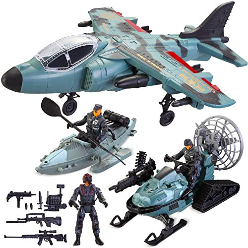 JOYIN Military Airplane Toy Set - Pretend and Play Fighter Jet with Army Men Action Figures, Snowmobile, Kayak Boat - Army Toys for Boys Age 4-7