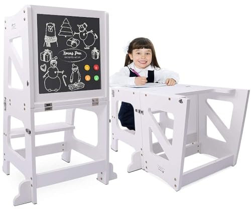 YOLEO Torre Montessoriana Learning Tower Pieghevole, Torre di Apprendimento per Bambini, Pedane Alzabimbo con Lavagna Magnetica Bifacciale, Trasformabile in Banco Scuola