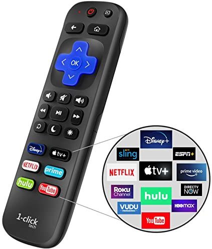 1-clicktech for Roku TV Remote 2-in-1 for TCL Hisense ONN Sanyo Sharp Hitachi Element Insignia Westinghouse LG JVC Magnavox Roku TV, and Roku Box w/ 12 Opt. Channels [NOT for Stick]