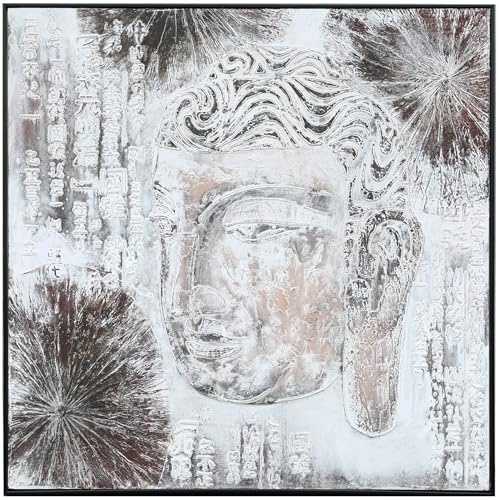 Fine Asianliving Pintura Al Óleo Cuadro Pintado a Mano 3D Efecto Relieve Marco Negro 100x100cm Buda a La Izquierda