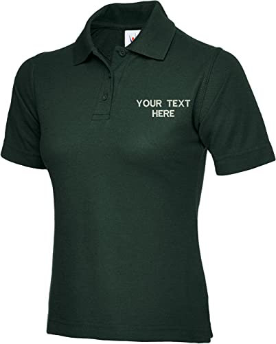 Personalised Embroidered Your Text Ladies Classic Polo Shirt Casual Workwear Partywear Adult Women Gift Top (Bottle Green, L, l)