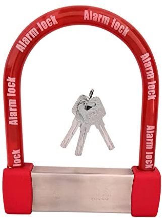 EnzZone Bike Lock Heavy Duty Anti Theft Alarm Bike U Lock, High Pitched Audible Alarm, Bicycle, Fits Fat Tire E-Bikes 20x4 Wheels Scooters Motorcycles,16mm Stainless Steel Weather Proof 3 Keys (Red)