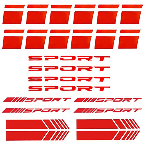 24-teiliges Auto-Aufkleber-Set, Dekoration und Rad-Aufkleber, Streifen für 45,7 - 53,3 cm, 4 Stück Rückspiegel-Aufkleber, 8 Stück Sport-Emblem, reflektierende Aufkleber für Autoräder, Felgen (rot)