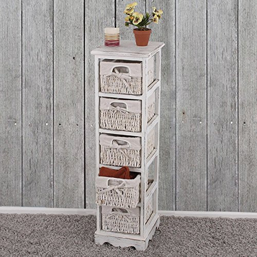 Regal-AM Kommode mit 5 Korbschubladen 90x25x28cm, Shabby-Look, Vintage - weiß