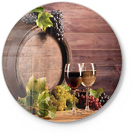 DEQORI Schneidebrett aus Glas | rund Ø30 cm | Motiv Zwei Weingläser vor Fass | Design Schneideplatte für Küche | Frühstücksbrett antibakteriell & rutschfest | Glasplatte & Servierplatte