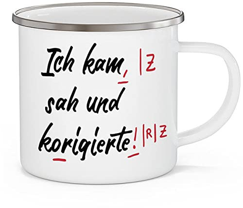 OM3® lustige Emaille-Tasse mit Spruch für Lehrer - Ich kam SAH und korigierte Lehrergeschenk | lustige Emailletasse lustige Emaille Becher | 12oz 300ml | Beidseitig Bedruckt | Weiß-Metall