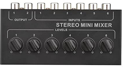 Iegefirm Passiver Stereo-Mixer, 6 Wege, tragbarer Audio-Mixer, 6 Eingänge, 2 Ausgänge, Stereo-Verteiler, Lautstärkeregler, Batterie erforderlich