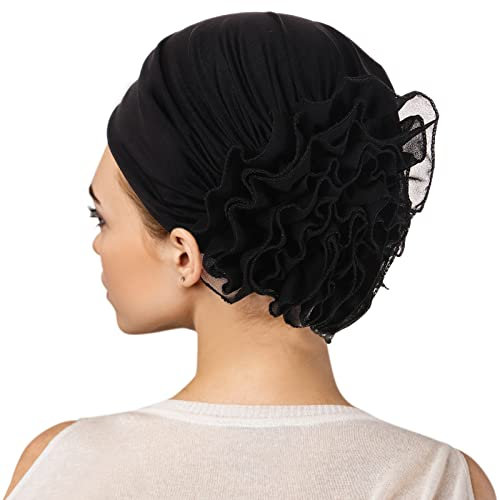Turban Damen Blumen Kop Verpackung Beanie Chemo Mütze Schal Kappe Frauen Muslim Chiffon Hijab Kopftuch Chemo Hut Kopfbedeckung Kopfbedeckungen Kappe Schwarz
