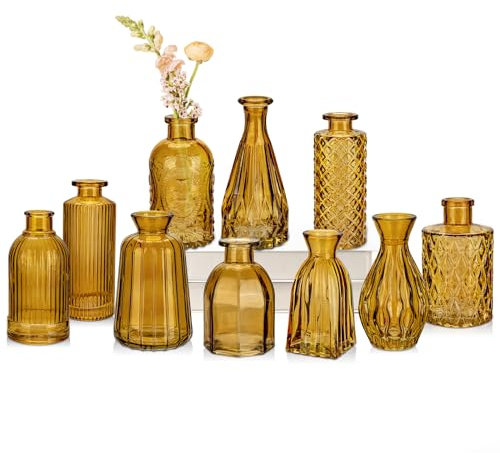 10er-Set Kleine Vasen Kleine Glasvase Vintage Deko Vasen Set Blumendekoration für Tischdeko Mittelstücke, Hochzeitsdekorationen, Blumen Deko Wohnzimmer Bad Muttertagsgeschenk, Amber