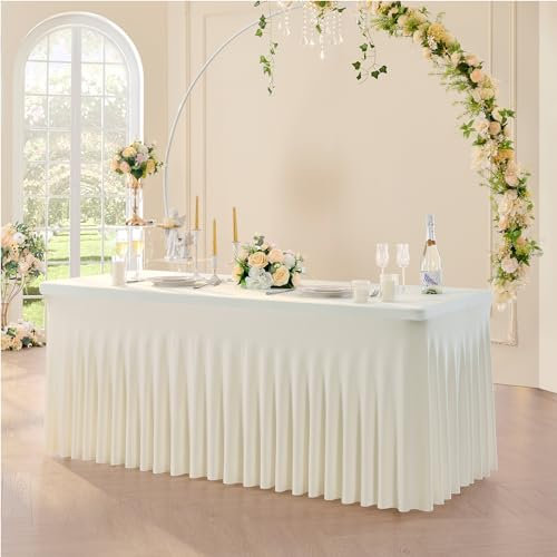 NSSONBEN 1-Pack Elfenbein Spandex Tischdecke für 180cm Rechteck Tische, Faltenfreie Stretch Tischdecke mit Rock für Bankett Party Hochzeit Geburtstag Meeting Display Dekoration Tischdecken