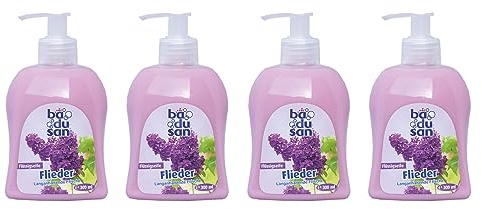 Badusan Flüssigseife Flieder – 4er Pack (4x300 ml) – Sanfte Handpflege mit frischem Fliederduft – Hautfreundlich & Feuchtigkeitsspendend