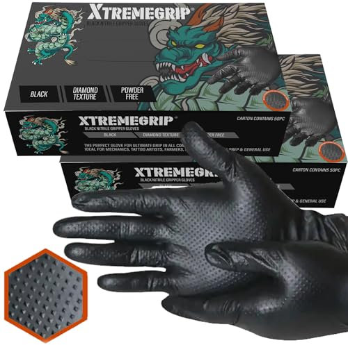 Xtremeauto Nitrile Gloves - Disposable Gloves, Diamond Grip Black Gloves - Powder-free & Latex Free Nitrile Gloves, Extra Thick & Strong Rubber Gloves Mechanics Gloves (2 Boxes, Large)