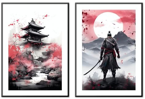 MJ-Graphics | Poster Set Japan Samurai Bushido Wohnzimmer & Schlafzimmer | 2x Din A3 300g Qualitätsdruck | Meditation Zen | Rot-Weiß Wanddeko ohne Rahmen
