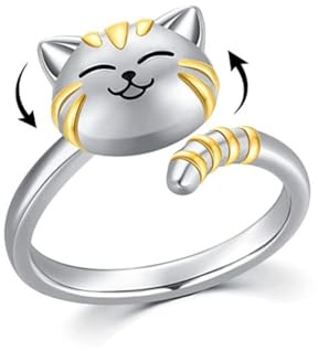 Cute Cat Pet Anxiety Relieve Spinner Rings Kitten Animal Fidget Open Adjustable Ring Sterling Silver Plated Worry Stress Relieving Boredom ADHD Autism Jewelry Stacking Finger Promise Engagement Gift