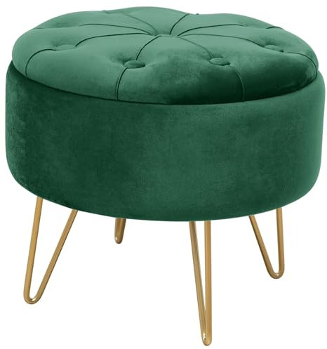 AKORD | Samt Pouffe Caro | Fußhocker | Ablage für kleine Gegenstände | Modern | Velours Gepolstert | Gesteppter Deko-Pouf | Metallbeine | Für das Wohnzimmer & Schlafzimmer | Flasche Grün