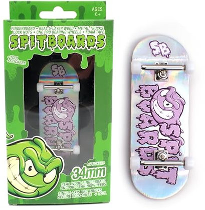 SPITBOARDS 34mm x 96mm Pro Fingerboard Set-Up (Complete) | Real Wood Deck | Pro Trucks with Lock-Nuts and Pro Bushings | Polyurethane Pro Wheels with Bearings | Purple Logo