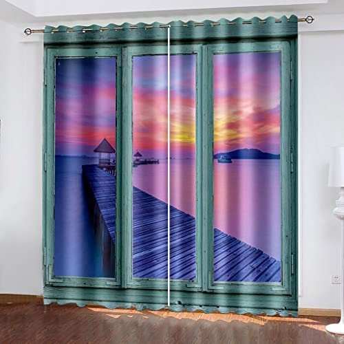 Vorhänge Blickdicht Gardinen Mit Ösen Thermovorhang Verdunkelungsvorhang Für Kinderzimmer Wohnzimmer Fensterdekoration 3D Ozean-Holzbrücke-Sonnenunterganglandschaft Muster Ösenschal 200X200cm (Bx