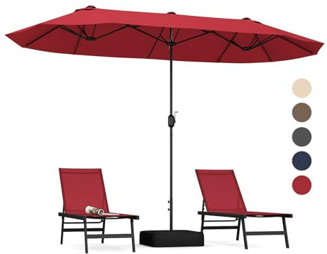 COSTWAY Doppelsonnenschirm mit Ständer 400x200cm, Sonnenschirm Groß XXL, UPF 50+, Gartenschirm mit Kurbel, Terrassenschirm, Marktschirm für Garten, Terrasse & Pool (Weinrot)