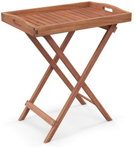 Multigot Garden Side Table, Folding Outdoor Small End Snack Tea Table with Detachable Tray, Solid Acacia Wood Patio Coffee Bistro Table for Backyard, Poolside and Balcony