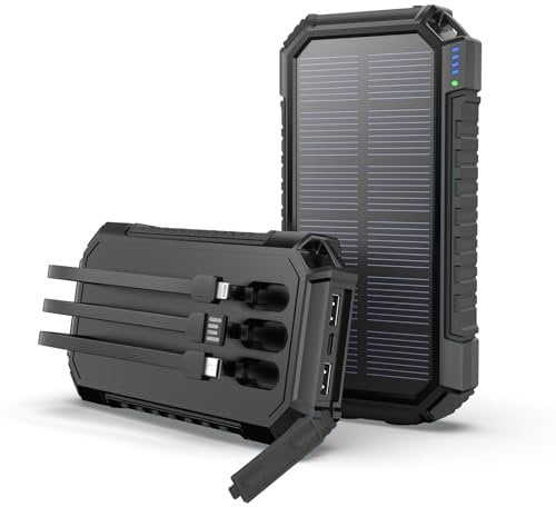 Hiluckey Chargeur Solaire Power Bank 27000mAh, USB C Chargeur Rapide Batterie Externe Solaire avec 3 Câbles, Chargeur Portable avec 3 Ports pour Téléphone, Tablette