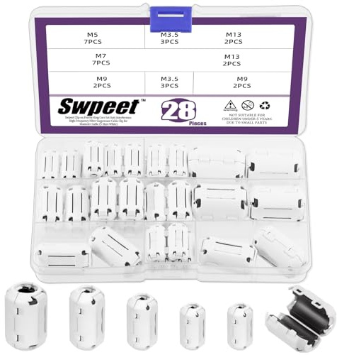 Swpeet 28Pcs 5 Größen Weiß Clip-on Ferrit Ring Kern mit Toroid Kern Sortiment Kit, RFI EMI Rauschunterdrücker Kabel Clip für 3,5/5/7/9/13mm Durchmesser HDMI USB Kabel