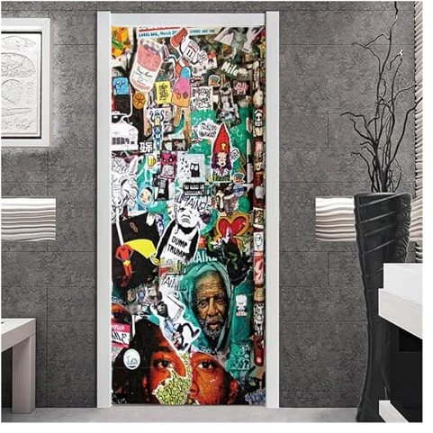 Türaufkleber Türtapete Türbilder Türposter Rock Hip Hop Türaufkleber Hippie Graffiti Tapete Retro-Stil Wandbild 3D Selbstklebendes Teenager-Schlafzimmer-Dekor-Poster Für Türen(O,95x215cm)