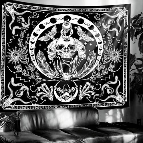 VOPIWOZ Gothic Halloween Banner Halloween Wandteppich Schwarzer Weißer Totenkopf Halloween Wanddeko Realistisch Wandbehang Horror Deko, Schlafzimmer, Wohnraum Halloween Deko Aesthetic 150x130cm