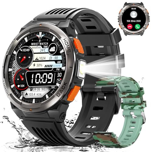 EIGIIS KE5 Military Smart Watch for Men with Flashlight SOS 3ATM Waterproof Watch 530mAh Big Battery 1.45 Rugged Tactical Smartwatch with Compass Elevation Barometer Fitness Watch for iPhone (Green)