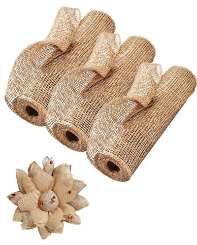 Pineraap 3 Rollen Poly-Sackleinen-Netzband, weihnachtliches dekoratives Netzband für Weihnachtsbaum, Girlande, Kranzherstellung, Geschenkverpackungen (natürlich, je 4,5 m)