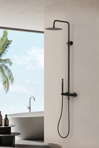 Marwell Duscharmatur Duschset Classico schwarz 88-118x20 cm - Duschstange verstellbar - Regendusche - Handbrause mit Schlauch