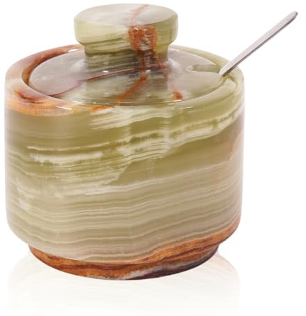 Marble Salt Cellar with Lid and Spoon 3 Inch Green Onyx Flaky Salt Containers for Countertop, Marble Sugar Bowl and Salt Bowl