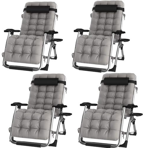 Sonnenliege 4er Set, Klappbarer Loungesessel Outdoor Indoor Relaxsessel Relaxsessel Garten 2 in 1 Gepolstert Klappbar Abnehmbare Kopfstütze Max. Belastung 200 Kg (Coussin Gris 98 * 72 * 15 Cm)