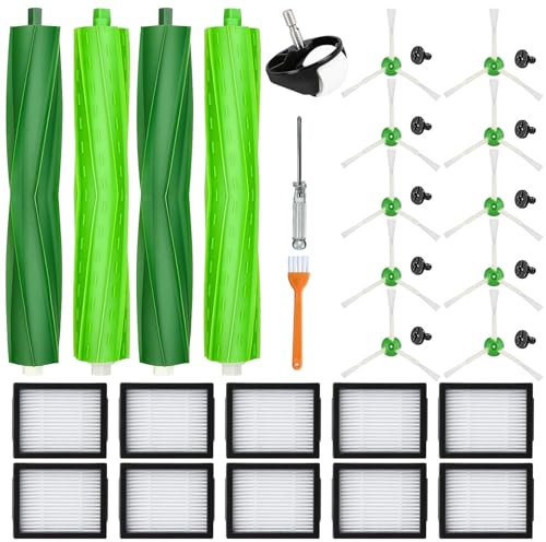 APZOVO Kit di Accessori Ricambi per iRobot Roomba Serie E & I, i7 i7+ i7 Plus /i3 i3+ /i4 i4+ /i6 i6+ /i8 i8+ /E5 /E6 /E7, 4 Spazzole in Gomma, 10 Filtri, 10 Spazzole Laterali, 1 Ruota Anteriore