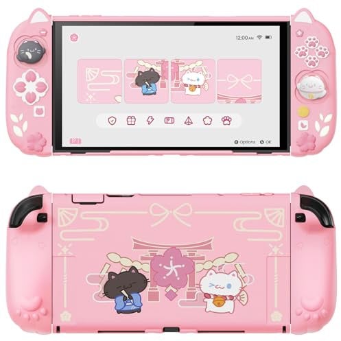 PlayVital pour Switch 2 Coque avec Joycon Grips Cover Silicone & Capuchon Joysitck & Support pour Nintendo Switch 2 Console Accessoire Protection Étuis Housse Dockable-Rose,Chaton Cerisiers