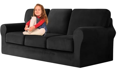 EKTORP 3-Sitzer-Sofa-Schonbezug-Set, Stretch-Samt, Couchbezug mit waschbaren, rutschfesten Kissenschonern, schwarz, 7-teilig, langlebiger Möbelschutz für Heimdekoration