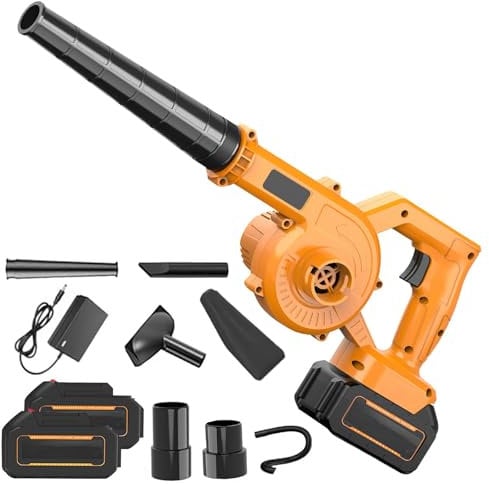 Soffiatore di foglie senza, filo 21 V con batteria e caricabatterie, 550 W soffiatore foglia con sacchetto di polvere, funzione 2 in 1 soffiaggio e aspirazione per (giallo-2 batteria)