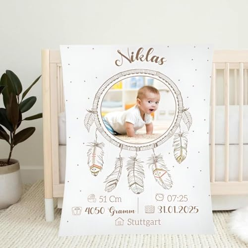 PLYIHE Personalisierte Babydecke mit Foto Namen Geburtsdatum,Baby Kuscheldecke Personalisiert Geschenk zur Geburt,Taufe Geburtstag Kuschelig Weich Baby Decke für Jungen & Mädchen