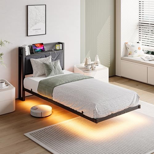 HAHRIR Floating Single Bed Frame, 3ft Upholstered Storage Headboard, Grey | 90×190cm Metal Platform Bed Frame, LED Lights & USB Charging Station, Heavy Duty Slats, Noise Free, No Box Spring Needed