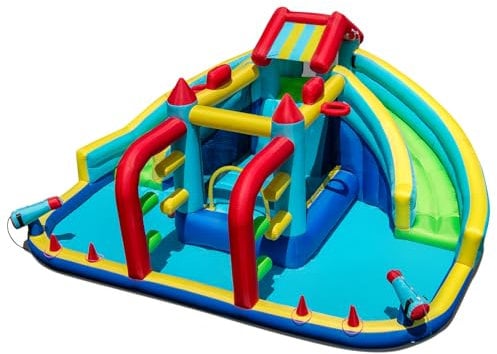 COSTWAY Inflatable Water Park, Giant Kids Bouncy Castle Jumper House with Dual Slides, Obstacle Course, Water Cannons, Climbing Wall, Splash Pool, Ring Toss, 473 x 370 x 221cm (without blower)