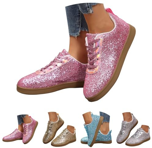 New UK 6 Sequin Sneakers Women Glitter Sparkly Fashion Sneakers Shoes Shiny Casual Bling Sequin Low Cut Lace Up Shoes for Concert Party Wedding Walking Gift Footwear Pink