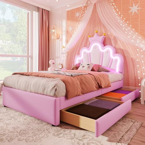 RIAZOS Kinderbett Polsterbett 90x200, Kronenförmiges Prinzessinnenbett, Einzelbett mit LED und 2 Schubladen, Bettgestell für Mädchen, mit Verstellbares Kopfteil, PU-Leder, Rosa, ohne Matratze