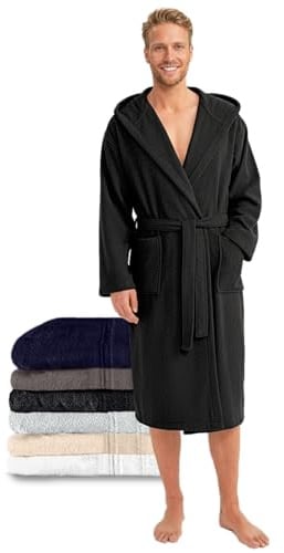 Twinzen Bademantel Herren Frottee, Baumwolle Oeko-Tex | Oeko-Tex Zertifiziert · Weich und Saugfähig · Kapuze, 2 Taschen und ein Gürtel · Spa, Pool, Fitnessstudio