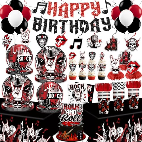Xynic Rock and Roll Party Decorations, 207 PCS Rock n Roll Party Decorations Set with Plates, Cups, Napkins, Banner, 2 Tablecloths, Balloons, Music Birthday Decorations for Boys & Girls, Serves 25