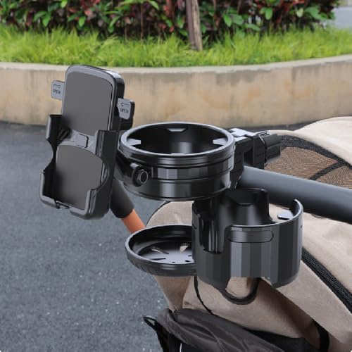 3 in 1 Pram Cup Holder, Universial Cup Holder with Phone Holder for Pram, Wheelchair, Rollator, Scooter, Anti-Slip & Easy Install Cupholder for Buggy, Pram, Pushchair, Baby Travel Essentials