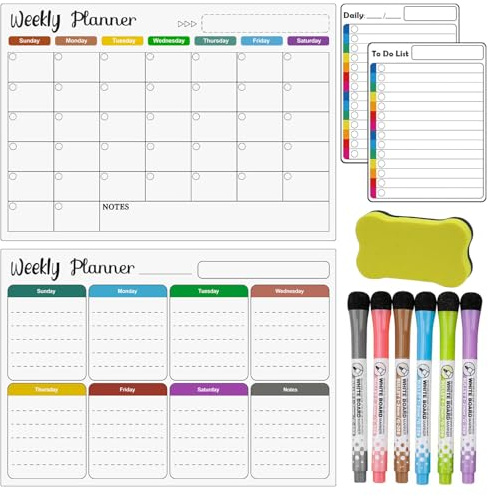 4 Pack Magnetic Dry Erase Calendar Whiteboard Set - Monthly Weekly Daily to-Do List Planner for Fridge and Wall, Magnetic Whiteboard with 6 Markers & Eraser Perfect as Family Reminder and Memo Board